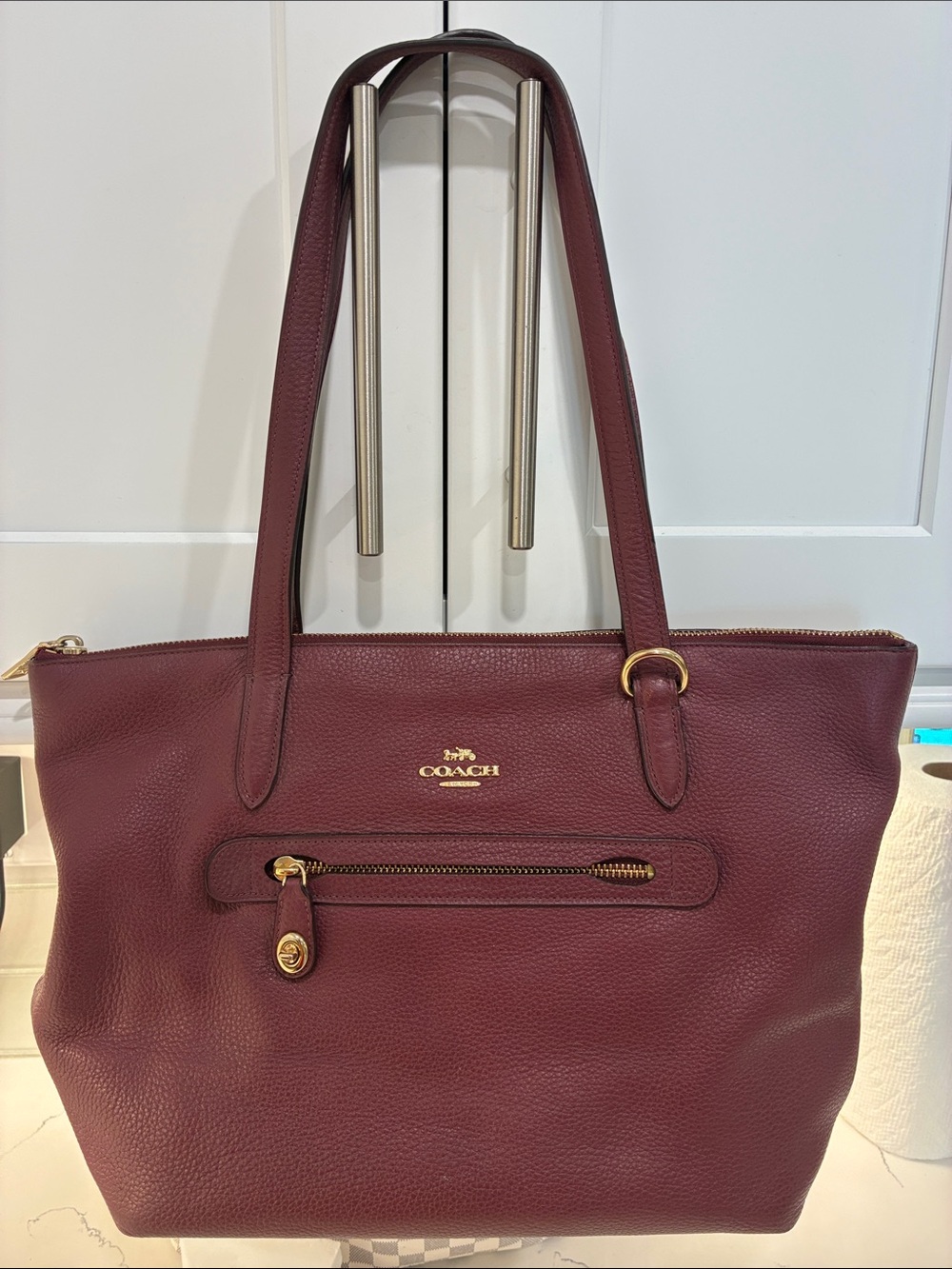 Coach Burgundy Pebbled Leather Tote with Gold Hardware